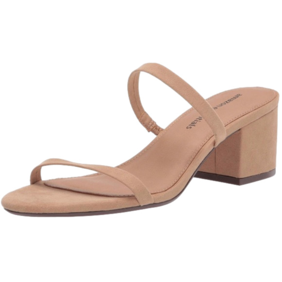 WOMEN'S Chunky heel Tan Two Strap Heeled Sandal Slide Tan 11 - Picture 1 of 7